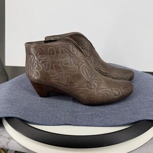 Pikolinos Ginebra Ankle Boots 38 Brown Leather Kitten Heel Embroidered Side Zip
